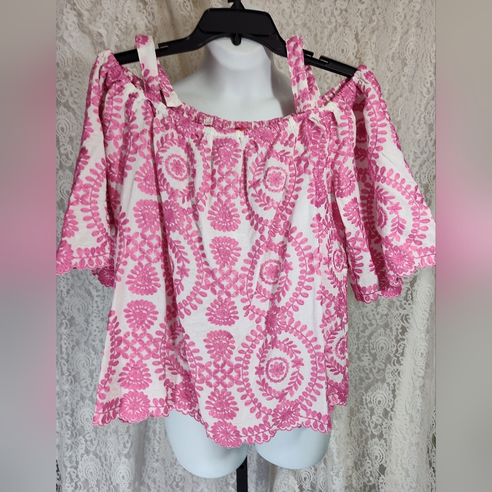 V Christina Embroidered Pink and White Ruffled Sexy Summer Cold Shoulder Blouse